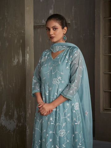 Embroidery Jaal Organza Kurta With Pants & Dupatta