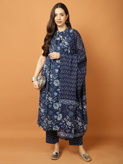 Floral Printed Cotton Kurta With Pants & Dupatta