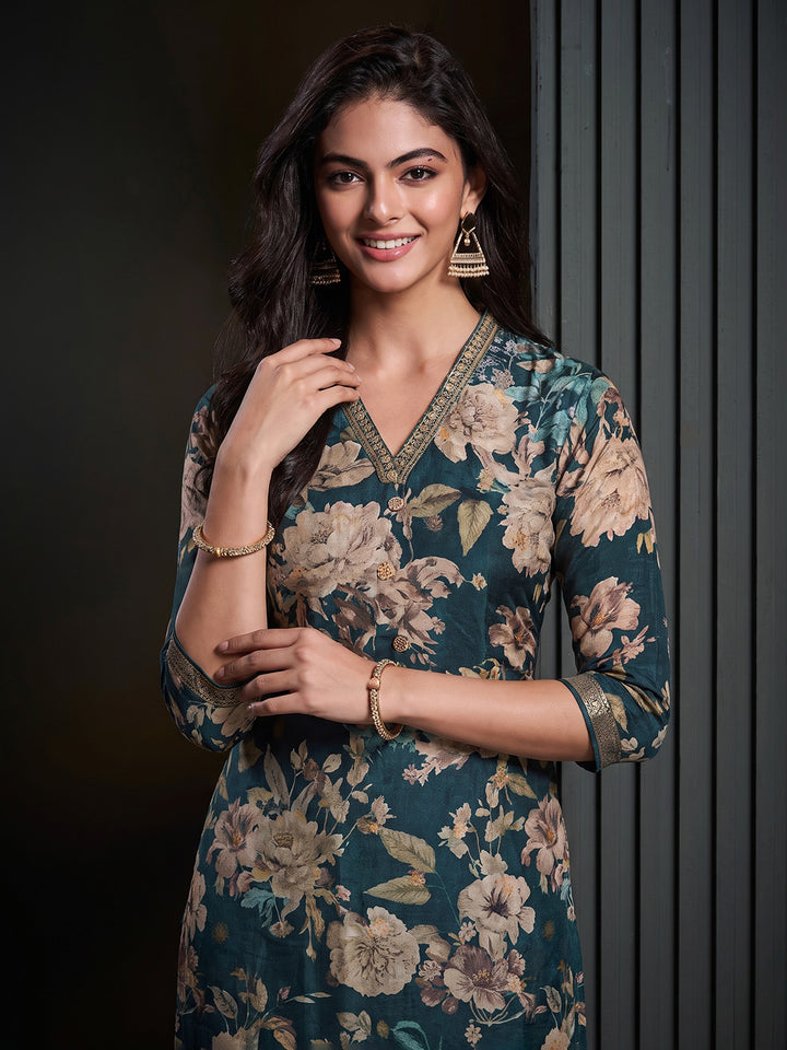 Blue Printed Art Silk Kurta With Pant &amp; Dupatta