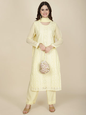 Resham Embroidered Georgette Kurta With Pants & Dupatta