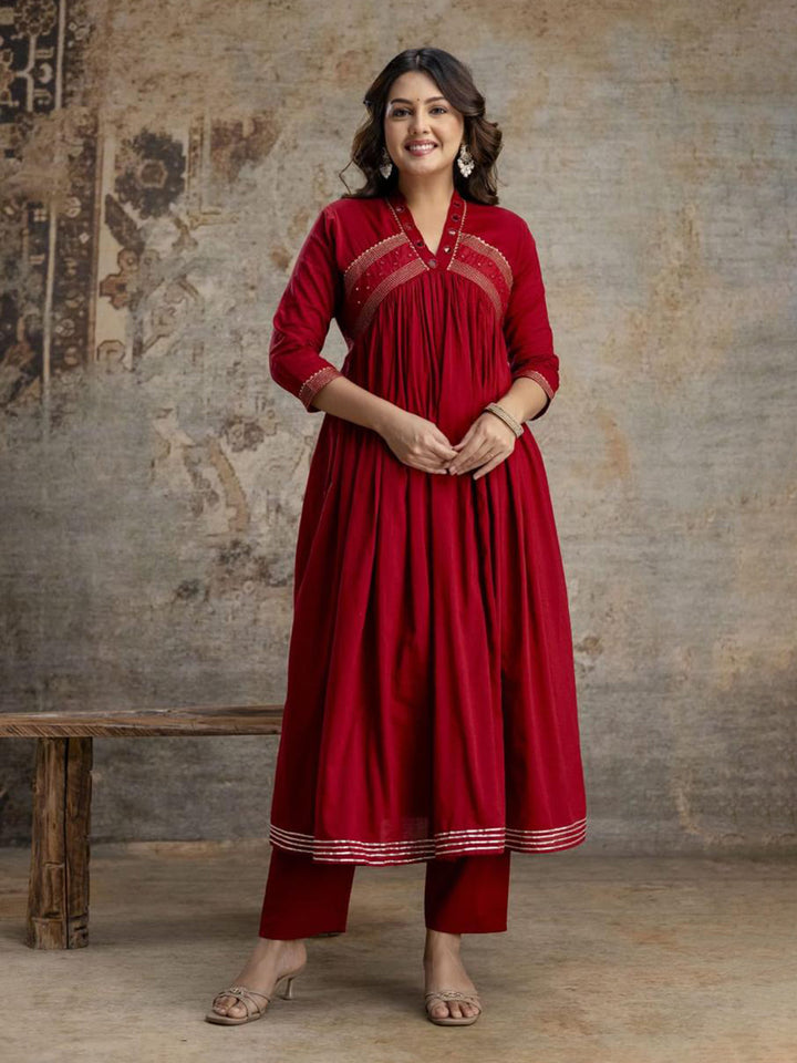 Maroon Cotton Blend Embroidered Straight Suit Set