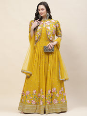 Floral Sequin Embroidery Georgette Kurta With Jacket & Dupatta