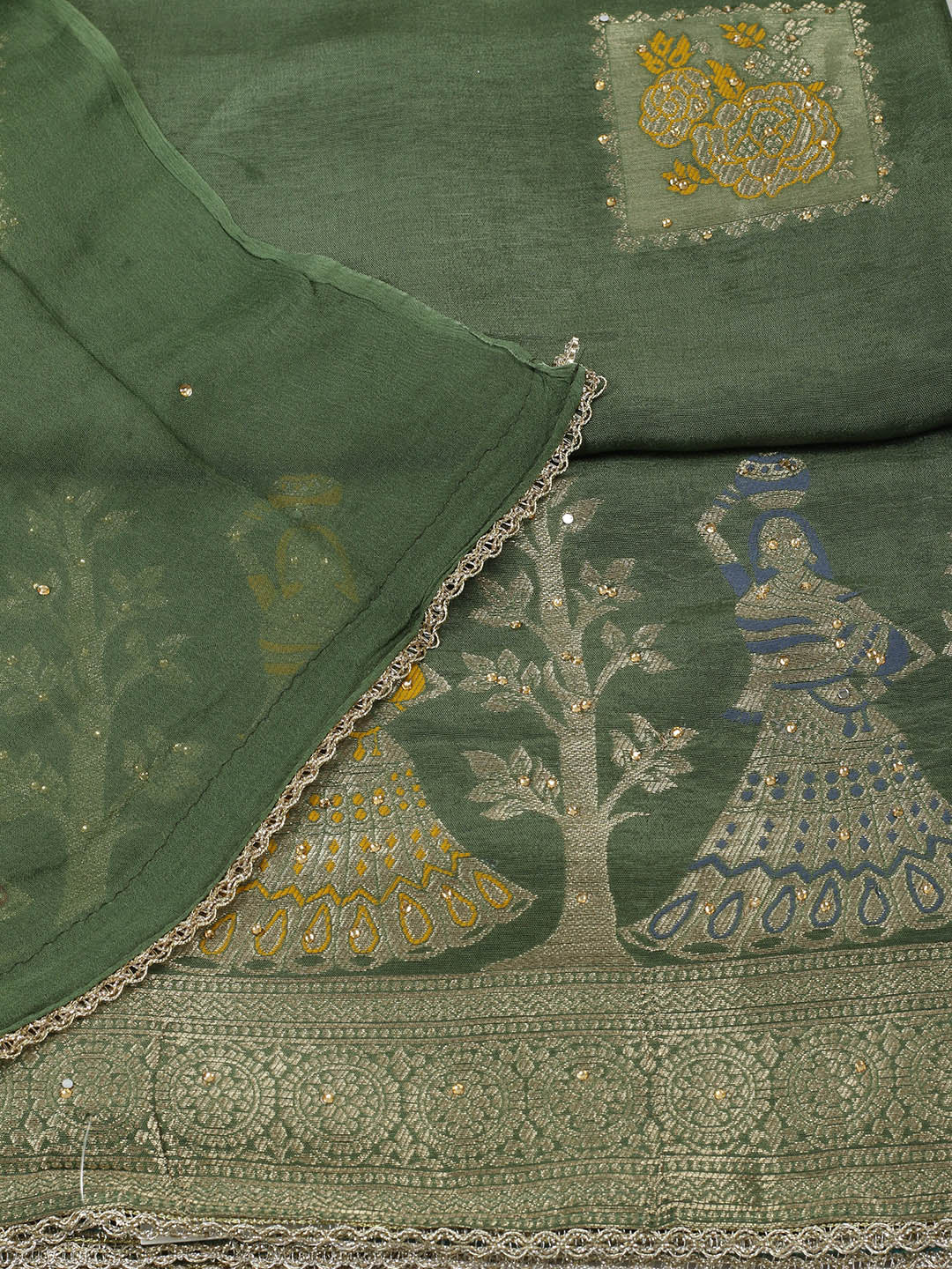 Woven Design Chanderi Unstitched Suit With Pant &amp; Dupatta