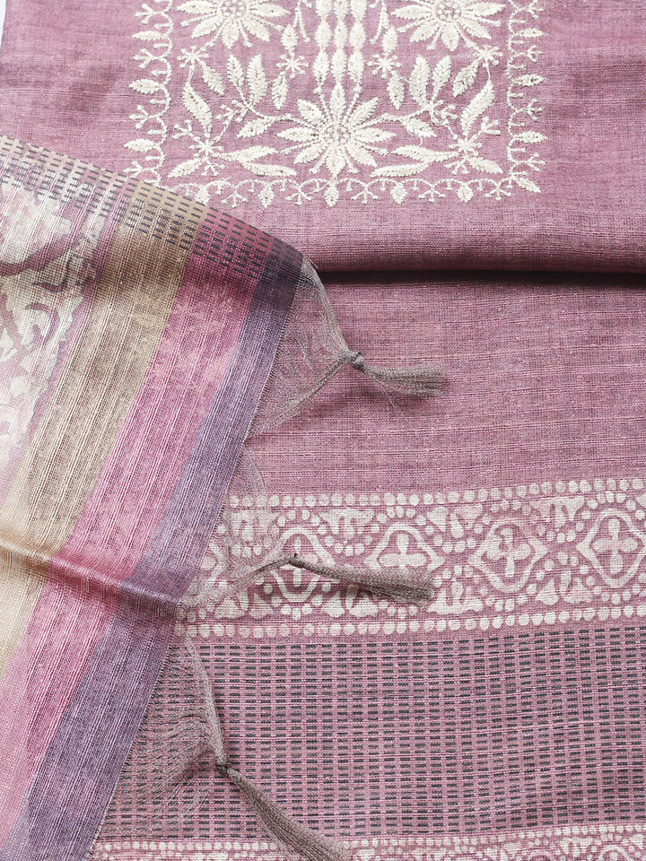Embroidered Chanderi Unstitched Suit With Pant &amp; Dupatta