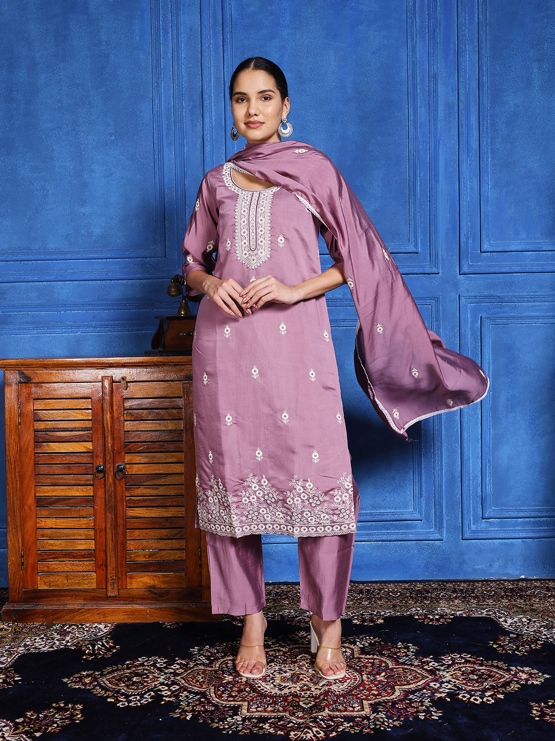 Printed Cotton Blend Kurta With Pants & Dupatta