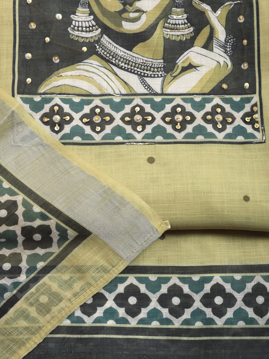 Printed Linen Blend Unstitched Suit With Pant &amp; Dupatta