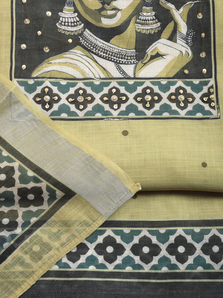 Printed Linen Blend Unstitched Suit With Pant &amp; Dupatta