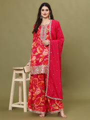 Neck Embroidered Handloom Kurti With Palazzo & Dupatta