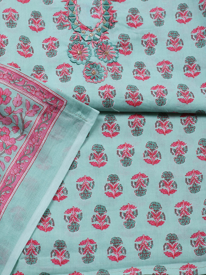 Embellished Cotton Blend Unstitched Suit With Pant &amp; Dupatta