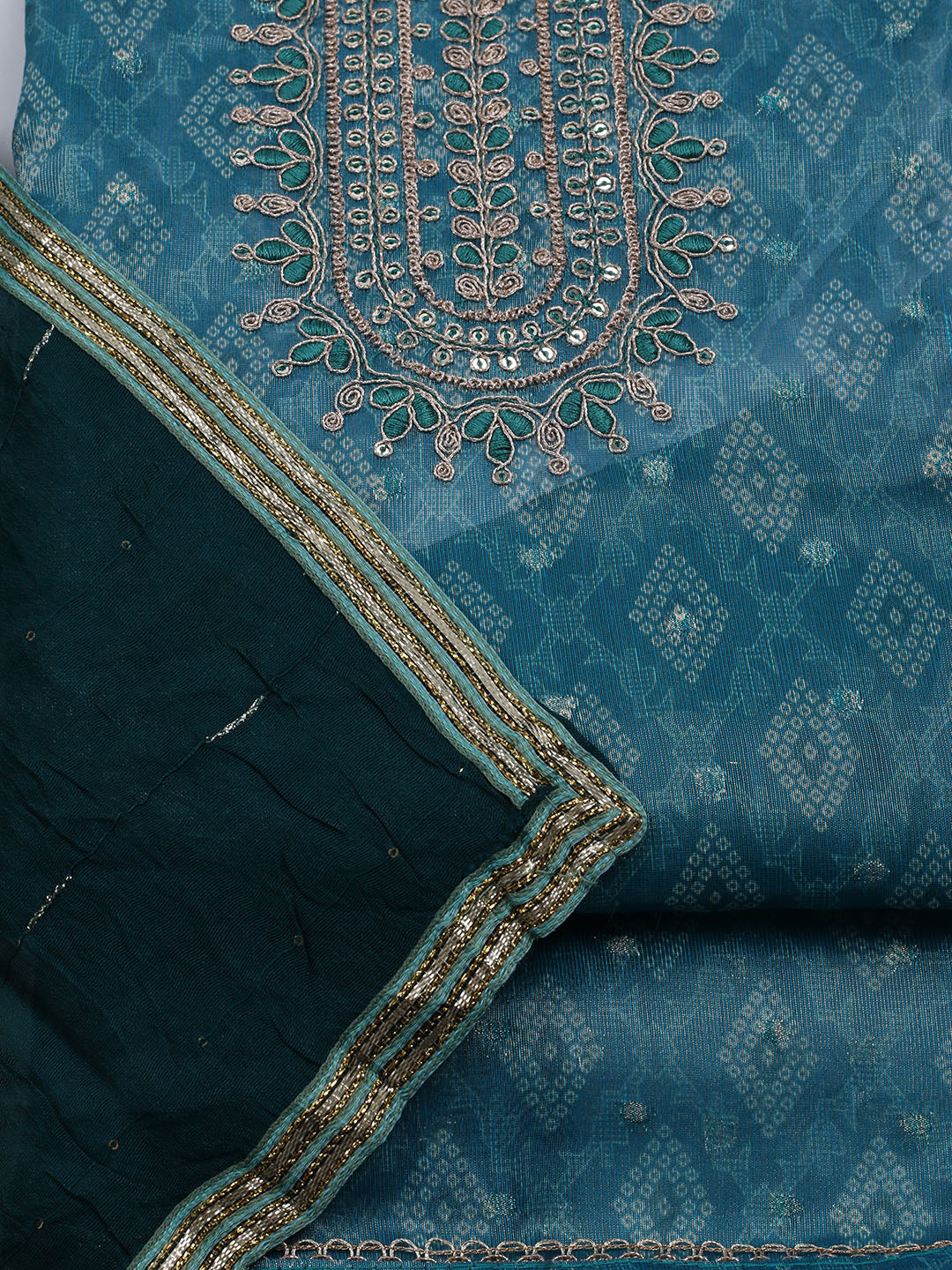 Neck Embroidered Chanderi Unstitched Suit With Dupatta