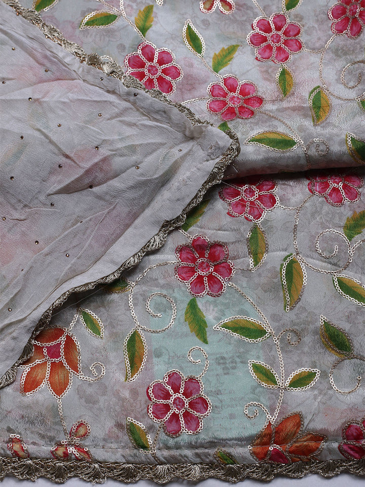 Neck Embroidered Chinnon Unstitched Suit With Dupatta