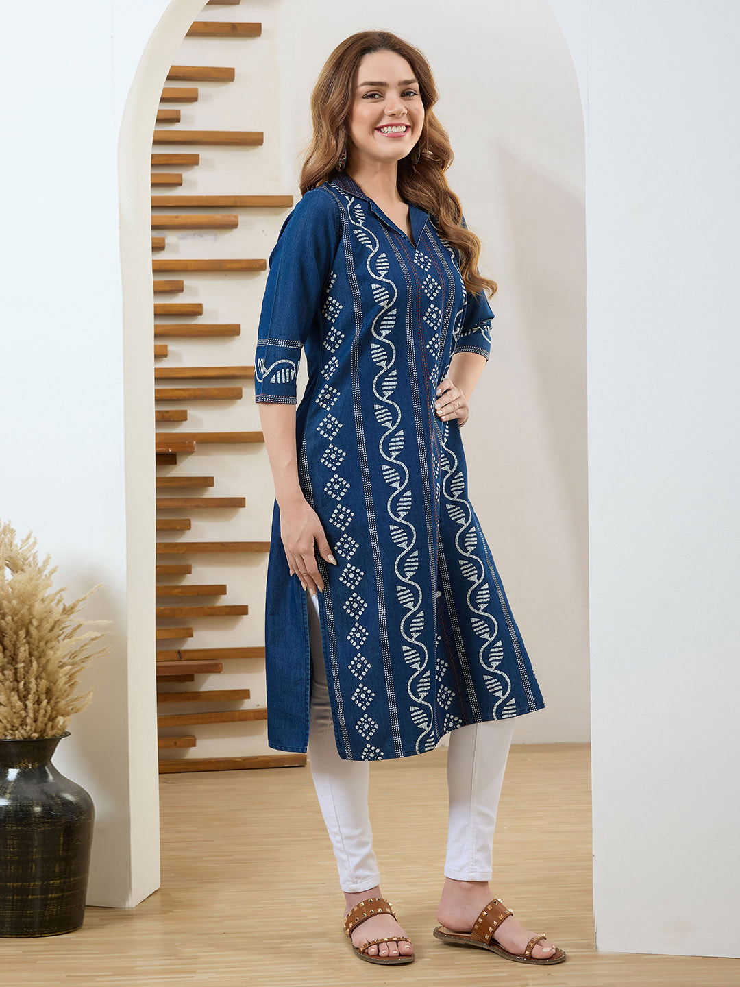 Neck Embroidered Denim Kurta