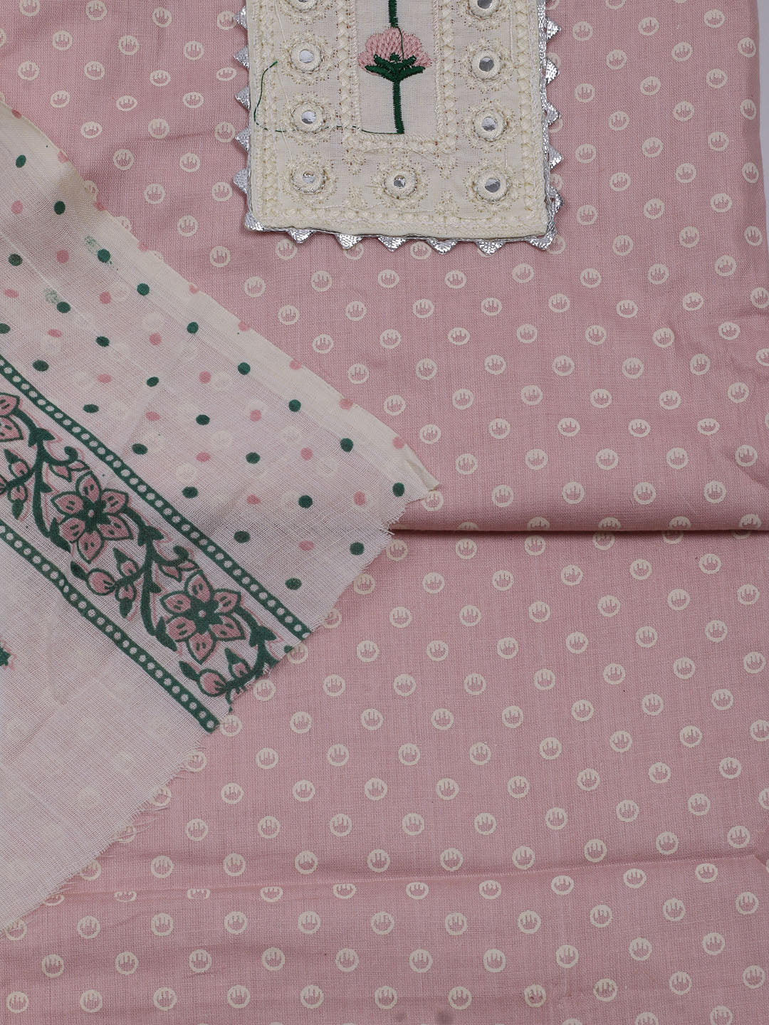 Neck Embroidered & Printed Cotton Blend Unstitched Suit With Dupatta