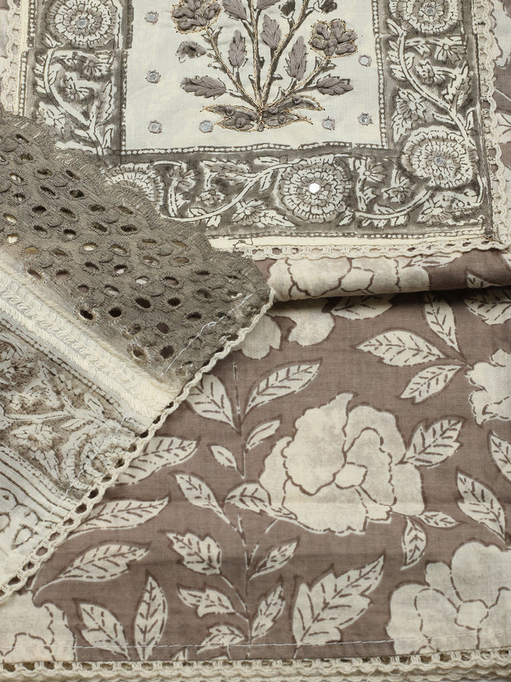 Printed Cotton Blend Unstitched Suit With Pant &amp; Dupatta