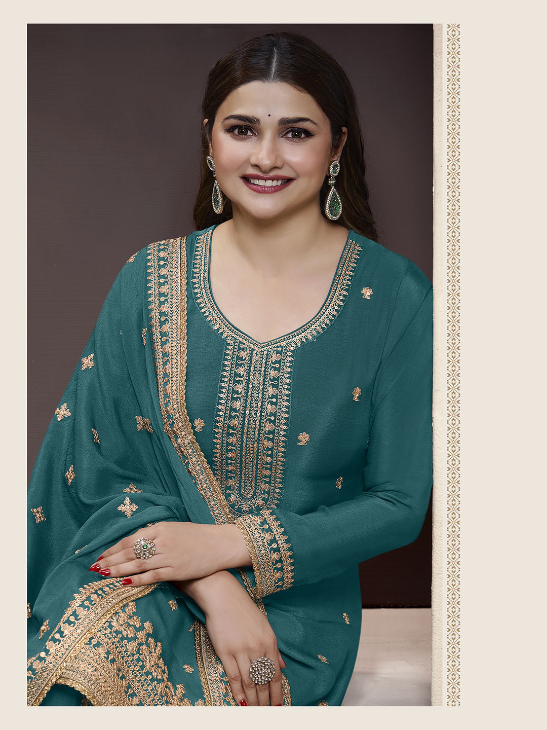 Embroidered Chinon Unstitched Suit With Pant &amp; Dupatta