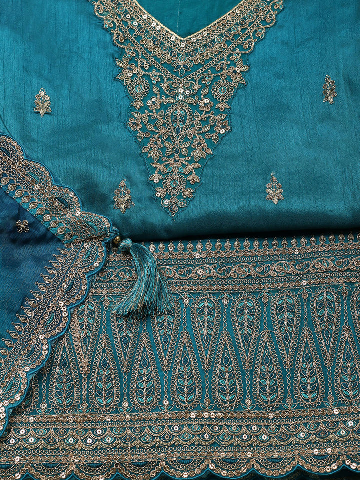 Embroidered Art Silk Unstitched Suit With Pant &amp; Dupatta
