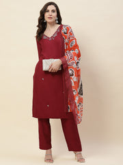 Neck Embroidery Cotton Kurta With Pants & Dupatta