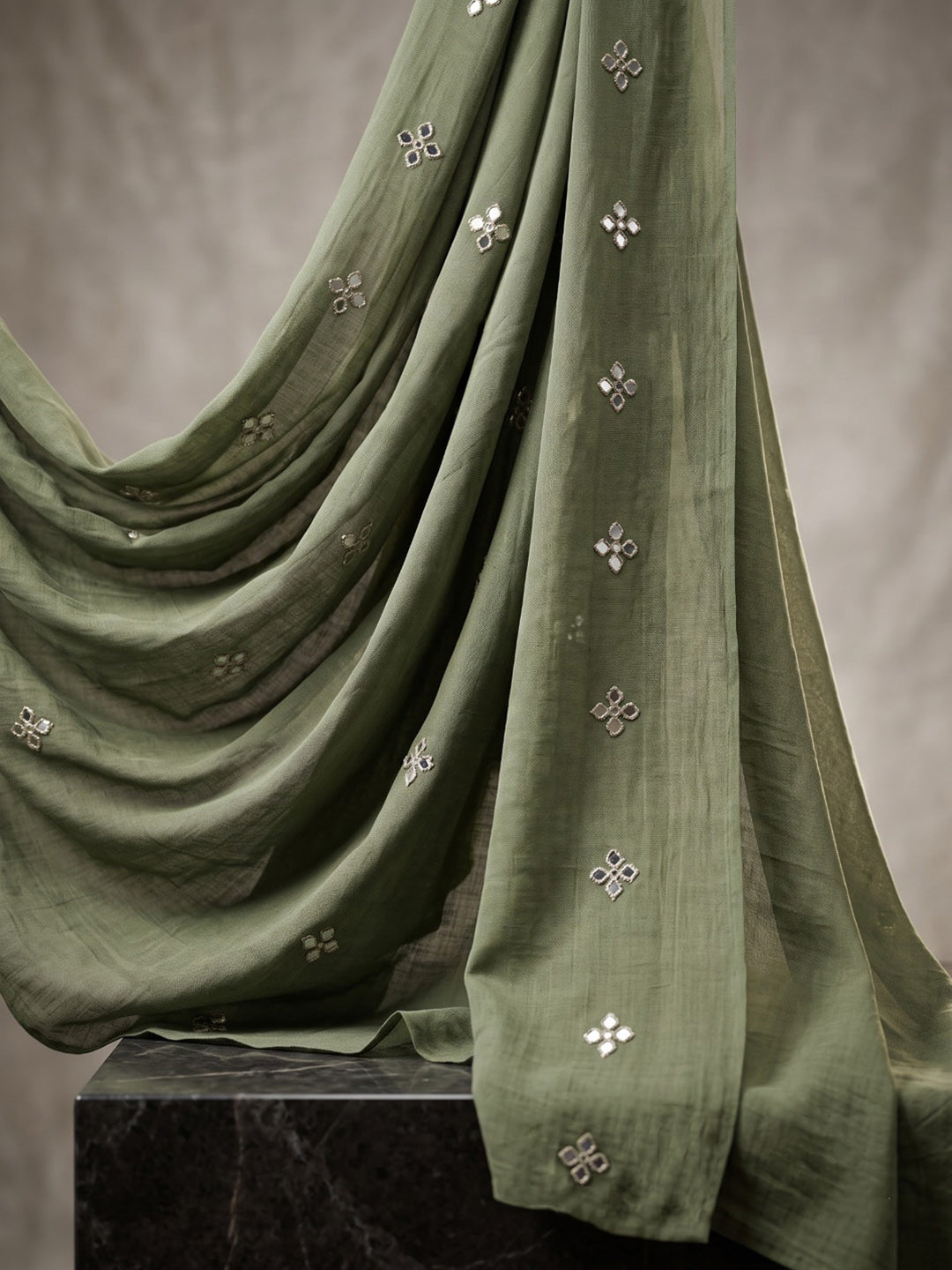 Green Printed Cotton Blend Kurta With Pant &amp; Dupatta