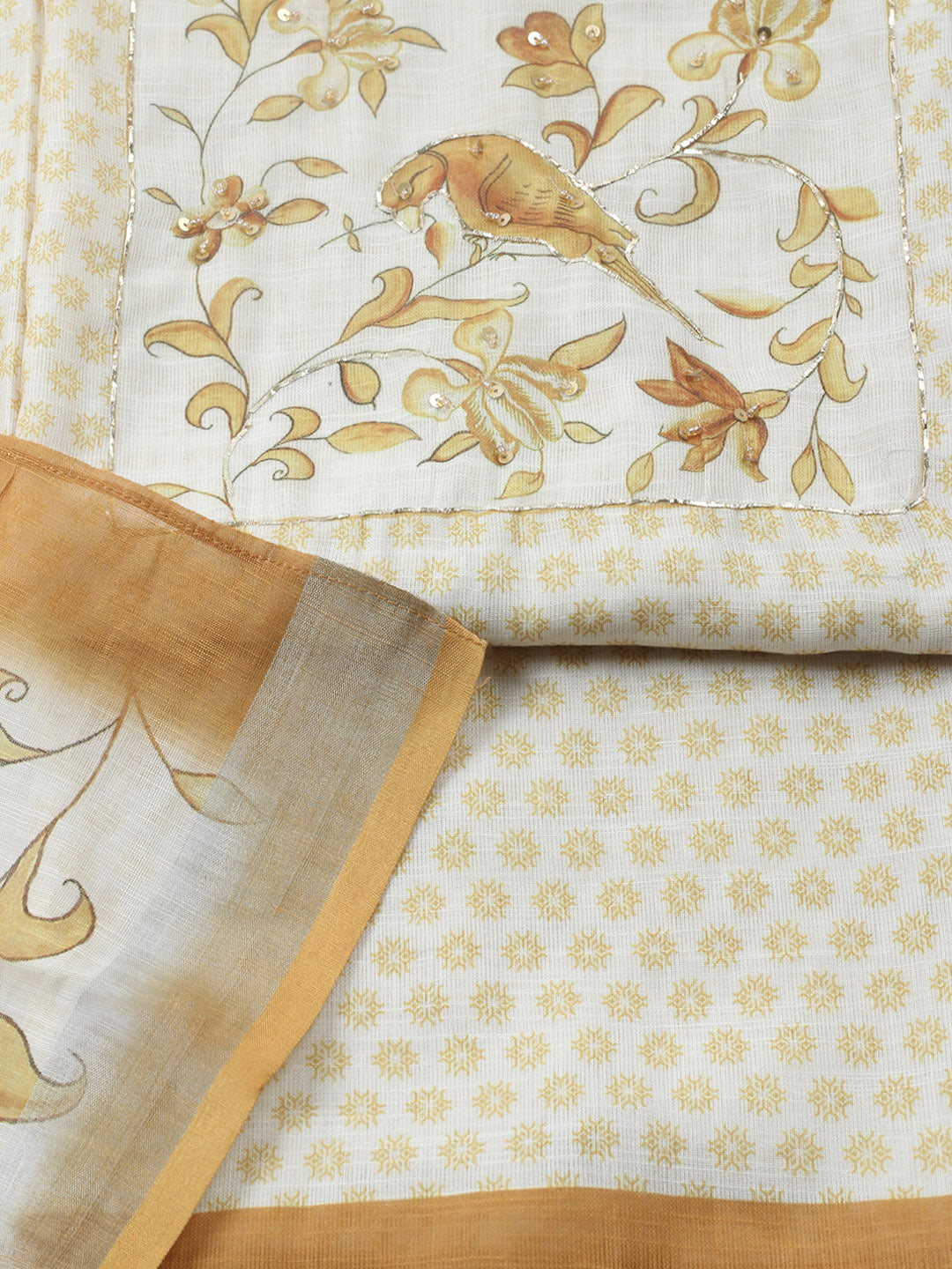 Printed Linen Blend Unstitched Suit With Pant &amp; Dupatta