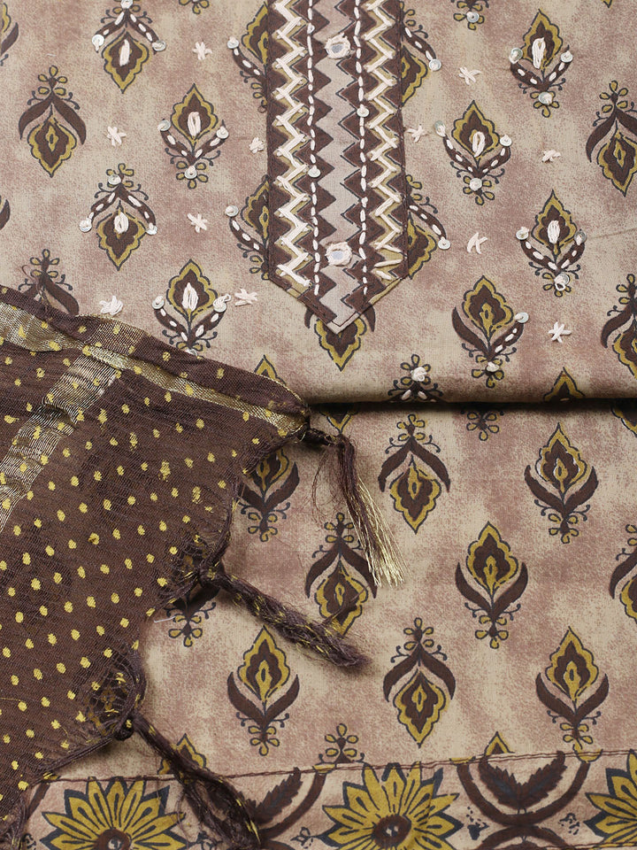 Printed Cotton Blend Unstitched Suit With Pant &amp; Dupatta