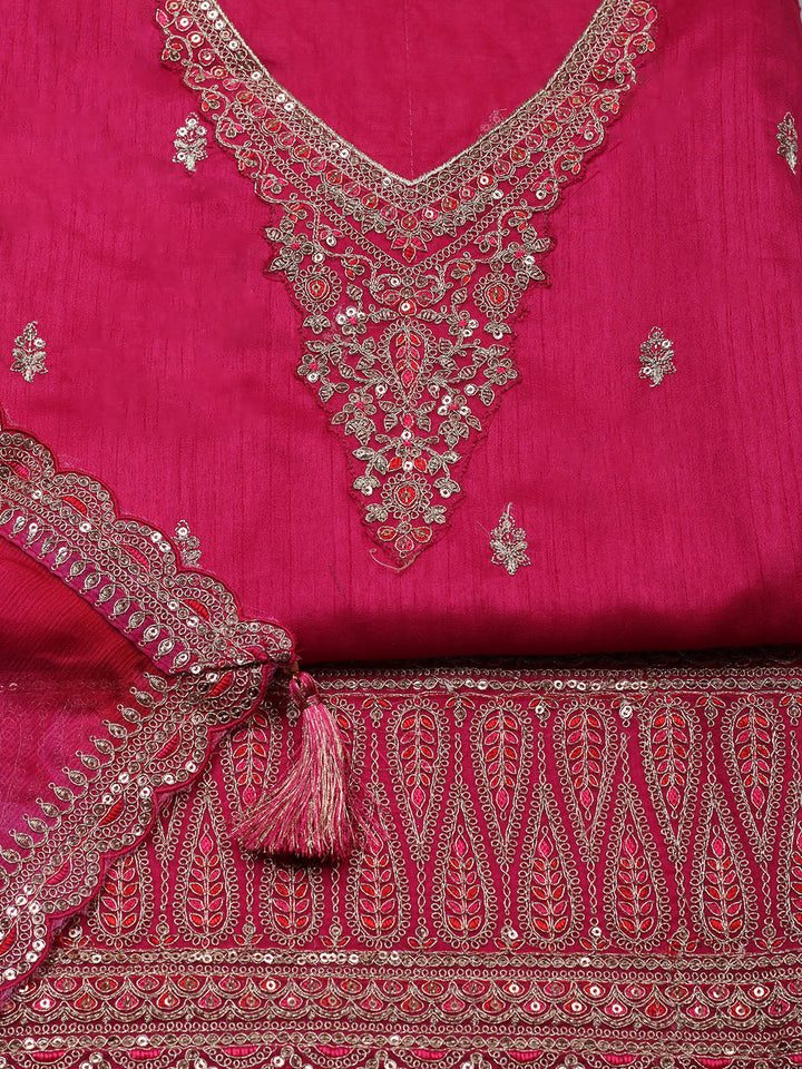 Embroidered Art Silk Unstitched Suit With Pant &amp; Dupatta