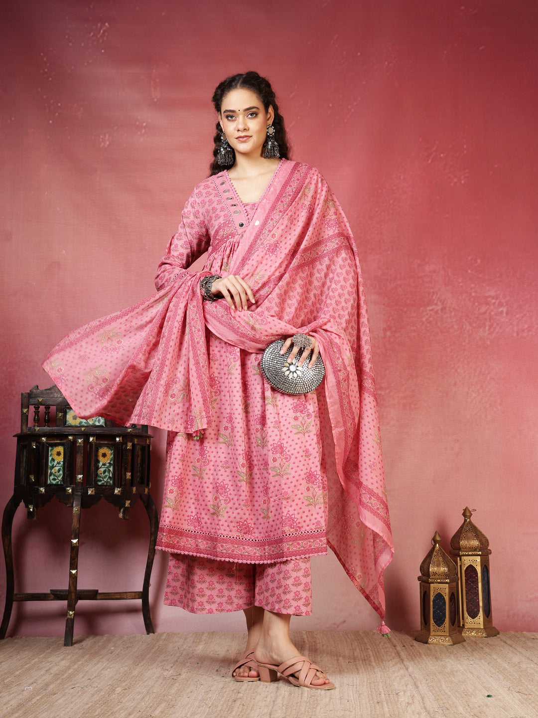 Printed Cotton Blend Kurta With Pants & Dupatta