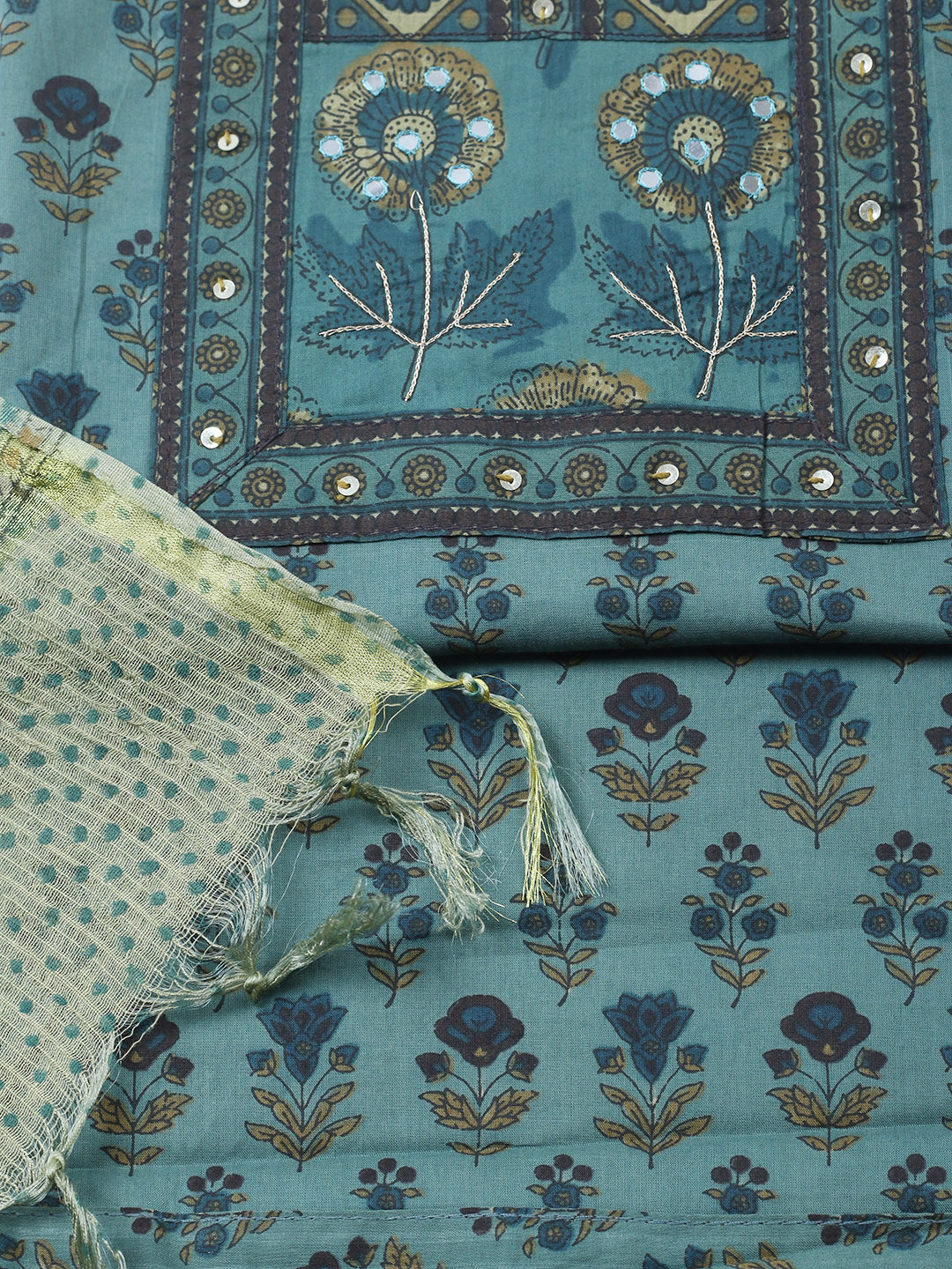 Printed Cotton Blend Unstitched Suit With Pant &amp; Dupatta