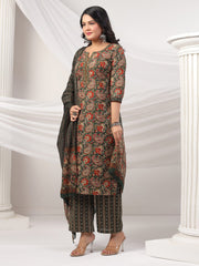 Printed Cotton Blend Kurta With Pants & Dupatta