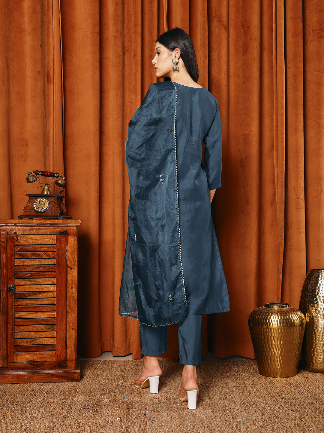 Embroidered Cotton Blend Kurta With Pants &amp; Dupatta
