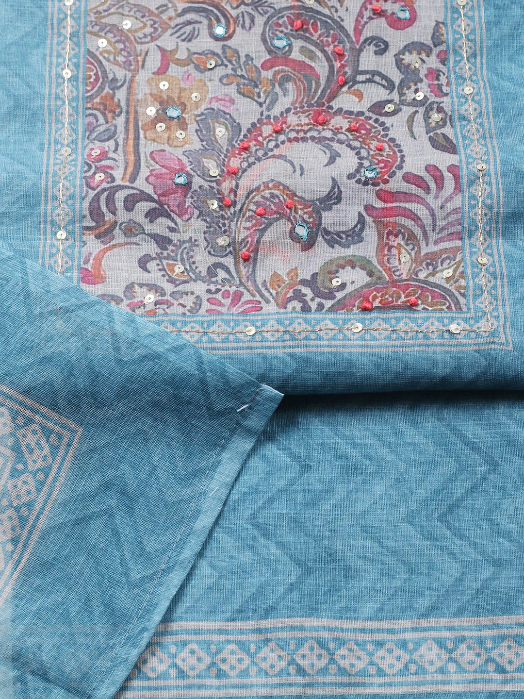 Embroidered Chanderi Unstitched Suit With Pant &amp; Dupatta