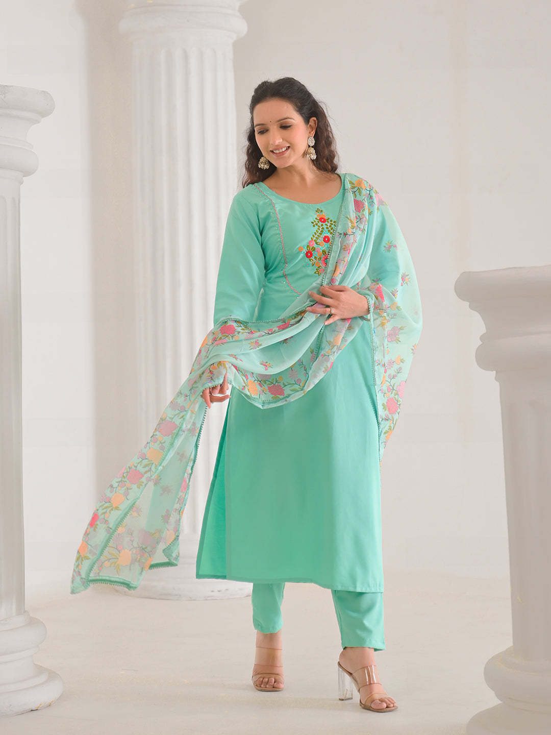 Neck Embroidery Cotton Blend Kurta With Pants &amp; Dupatta