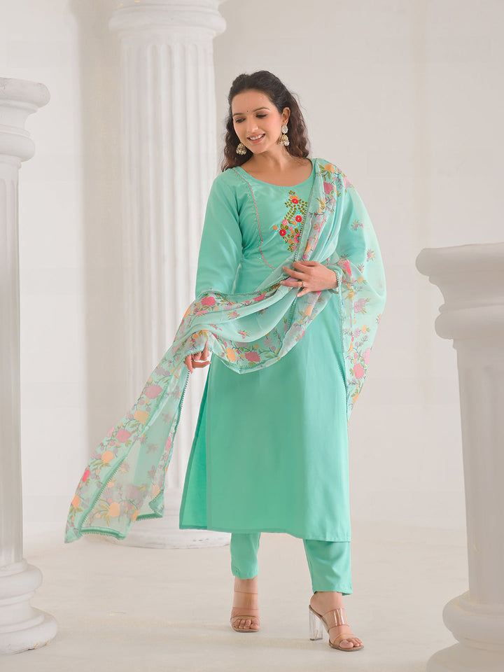 Neck Embroidery Cotton Blend Kurta With Pants &amp; Dupatta
