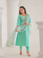 Neck Embroidery Cotton Blend Kurta With Pants & Dupatta