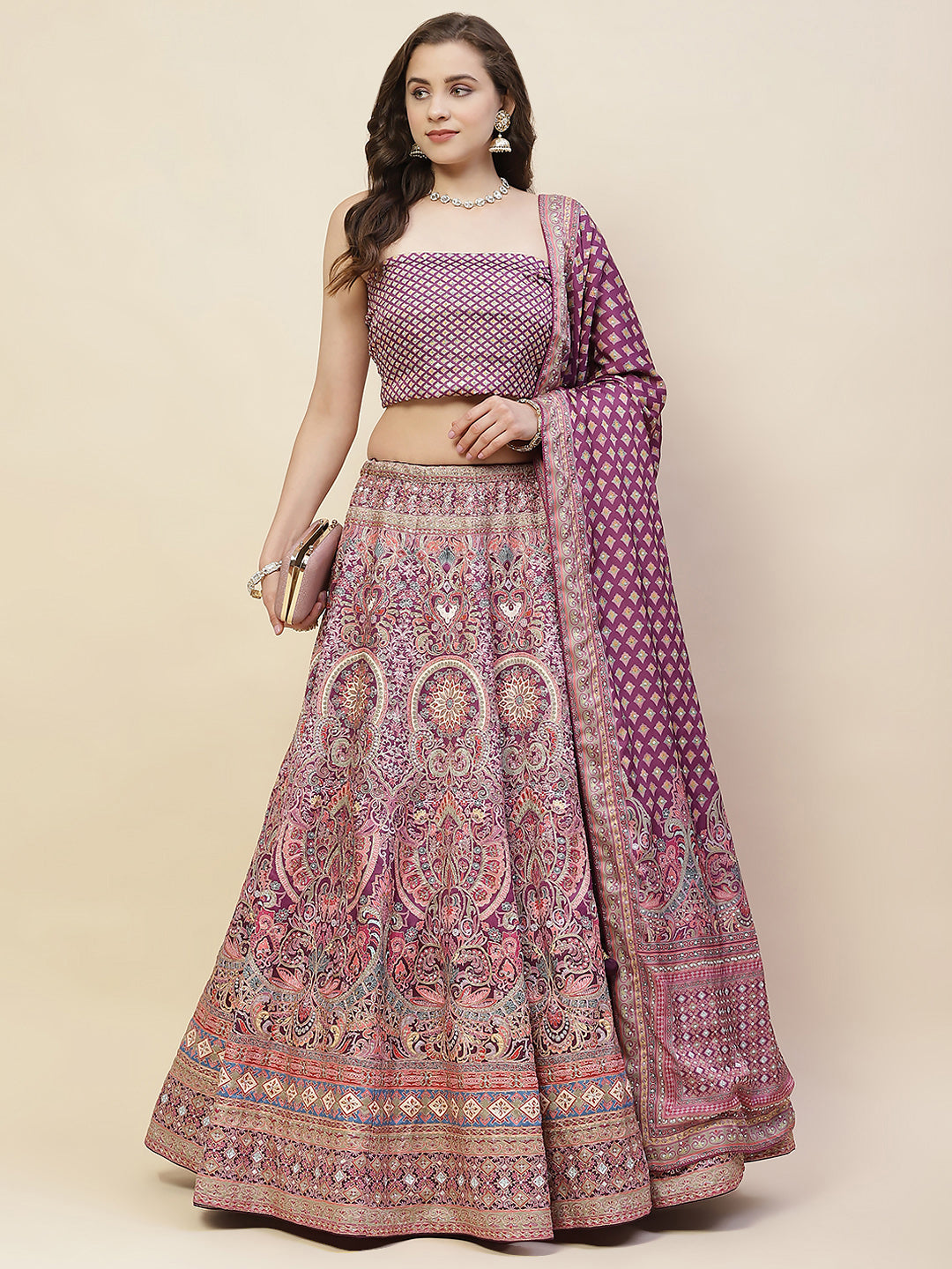 Printed & Thread Embroidered Choli With Unstitched Lehenga & Dupatta
