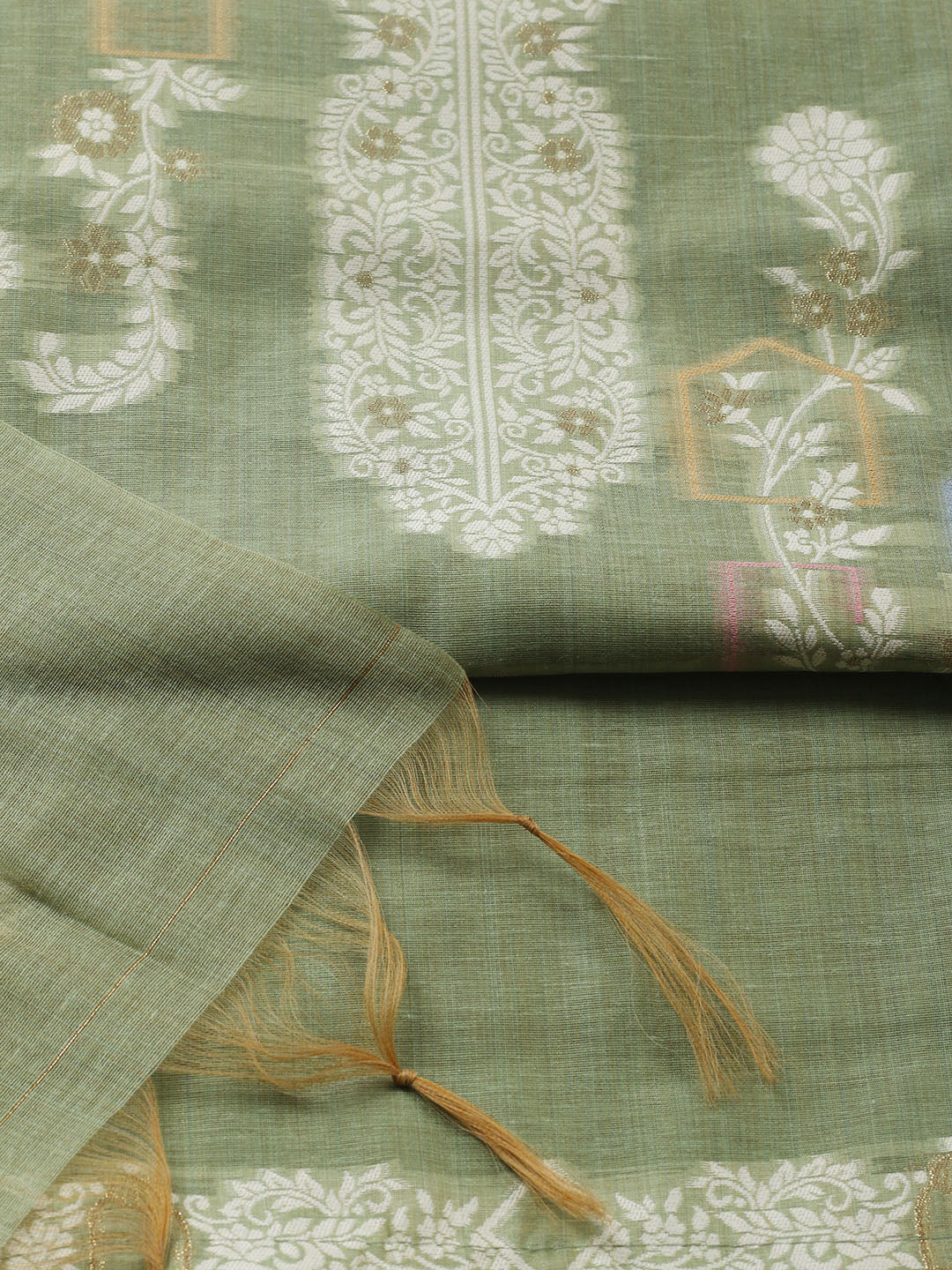 Printed Chanderi Unstitched Suit With Pant &amp; Dupatta