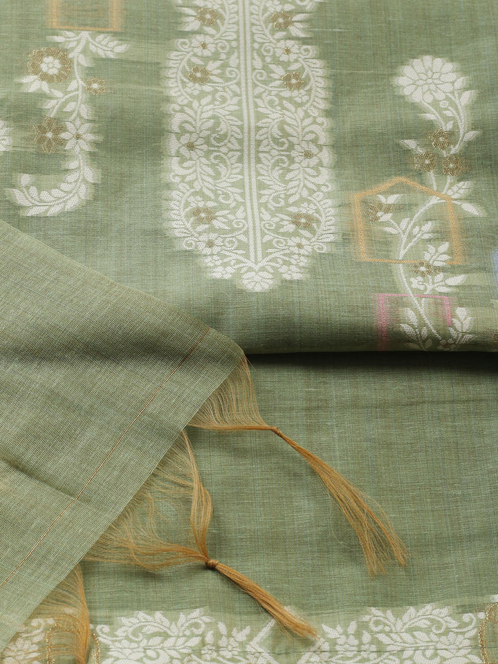 Printed Chanderi Unstitched Suit With Pant &amp; Dupatta