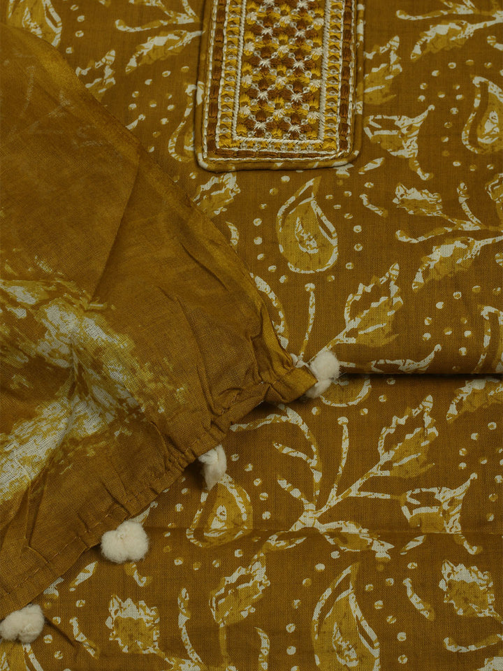 Printed Cotton Unstitched Suit With Pant &amp; Dupatta