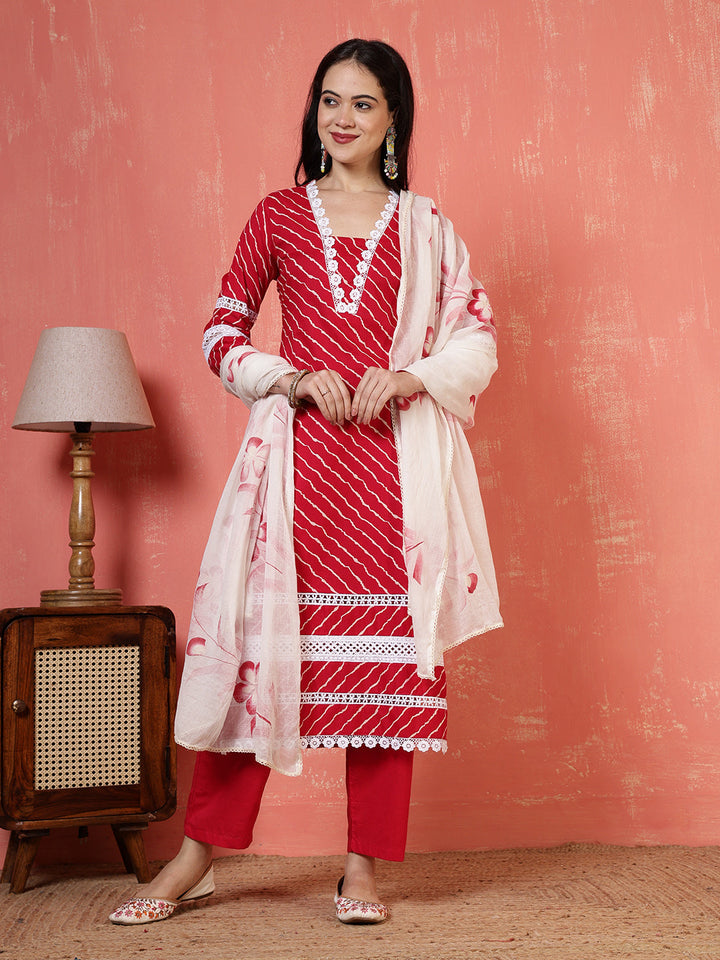 Printed Cotton Blend Kurta With Pants &amp; Dupatta
