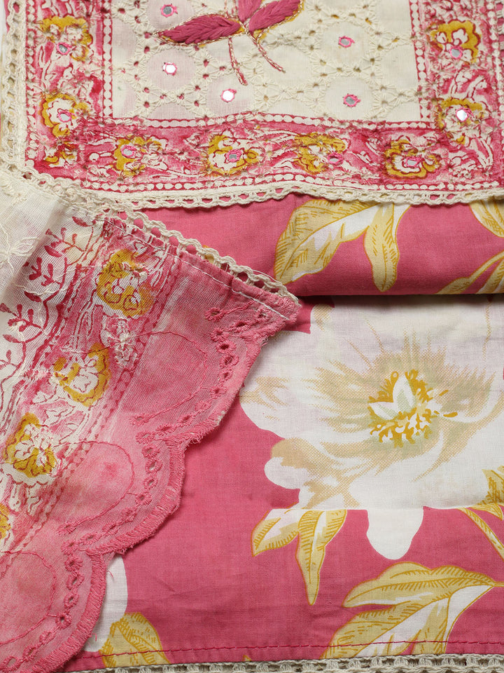 Printed Cotton Blend Unstitched Suit With Pant &amp; Dupatta