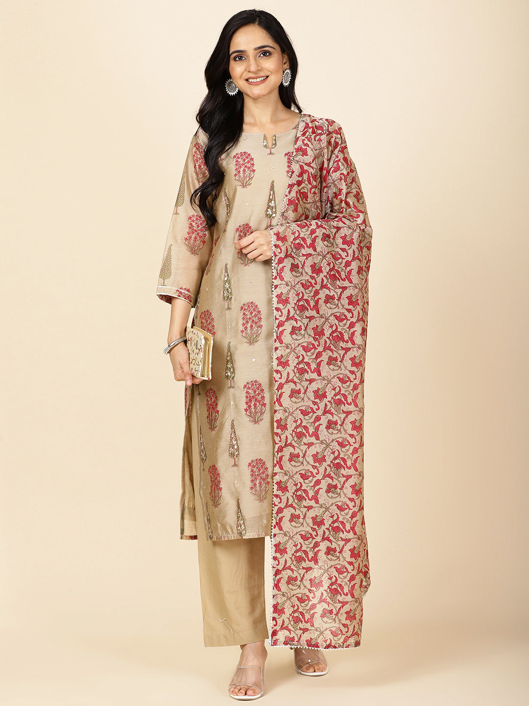 Floral Printed Chanderi Kurta With Pants & Dupatta