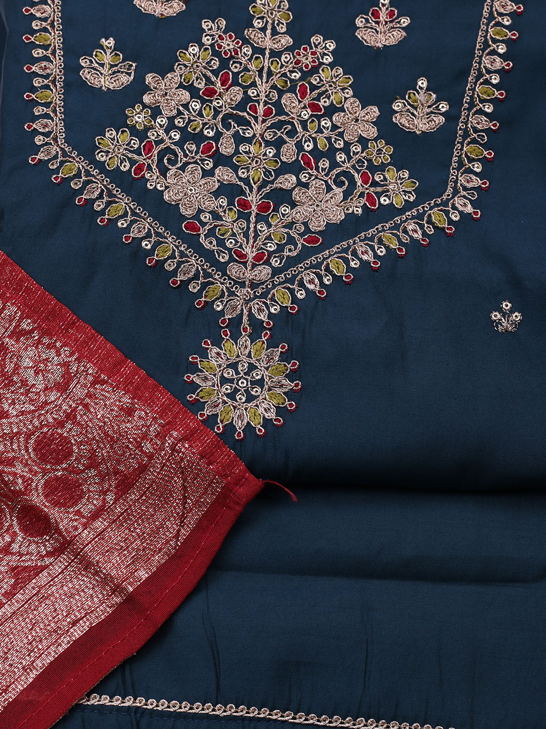 Neck Embroidered Chanderi Unstitched Suit With Dupatta