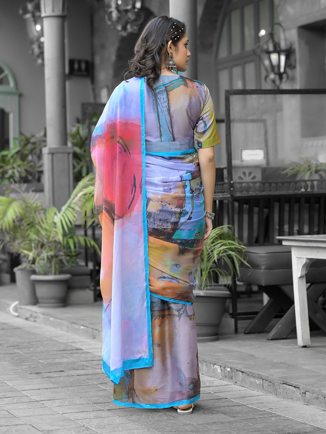 Printed Georgette Readymade Saree With Stitched Blouse