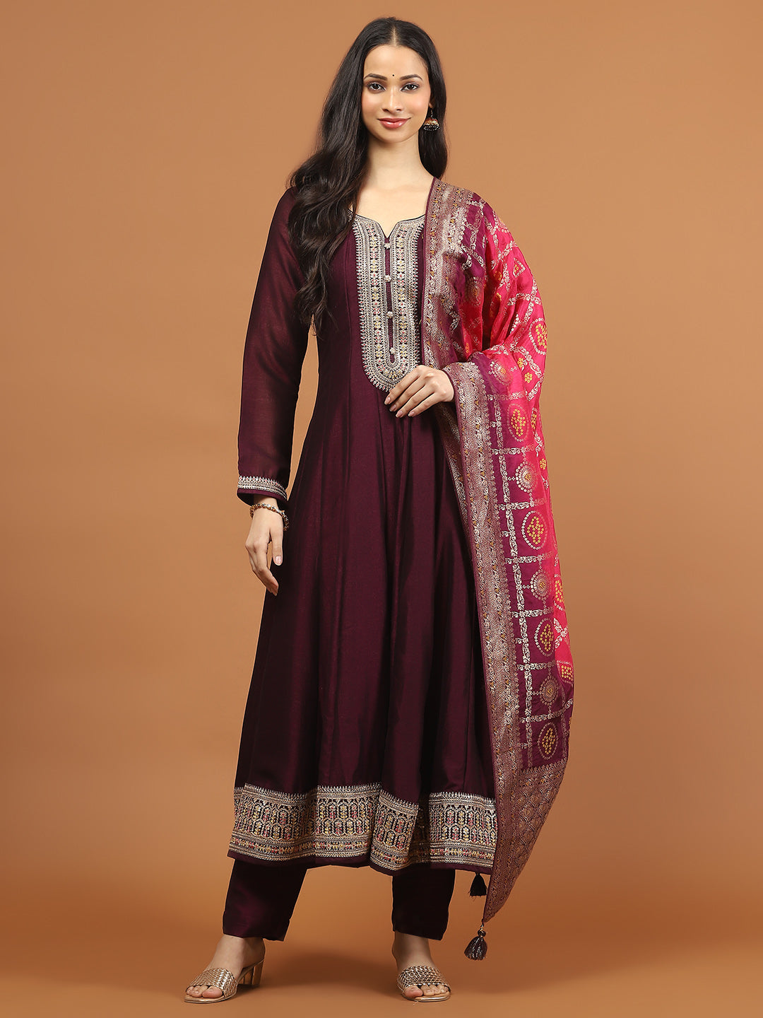 Zari Sequin Embroidery Art Silk Kurta With Pants &amp; Dupatta
