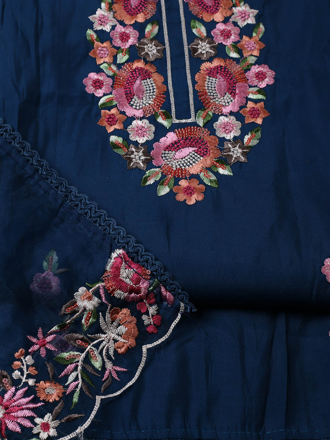 Embroidered Chanderi Unstitched Suit With Pant &amp; Dupatta