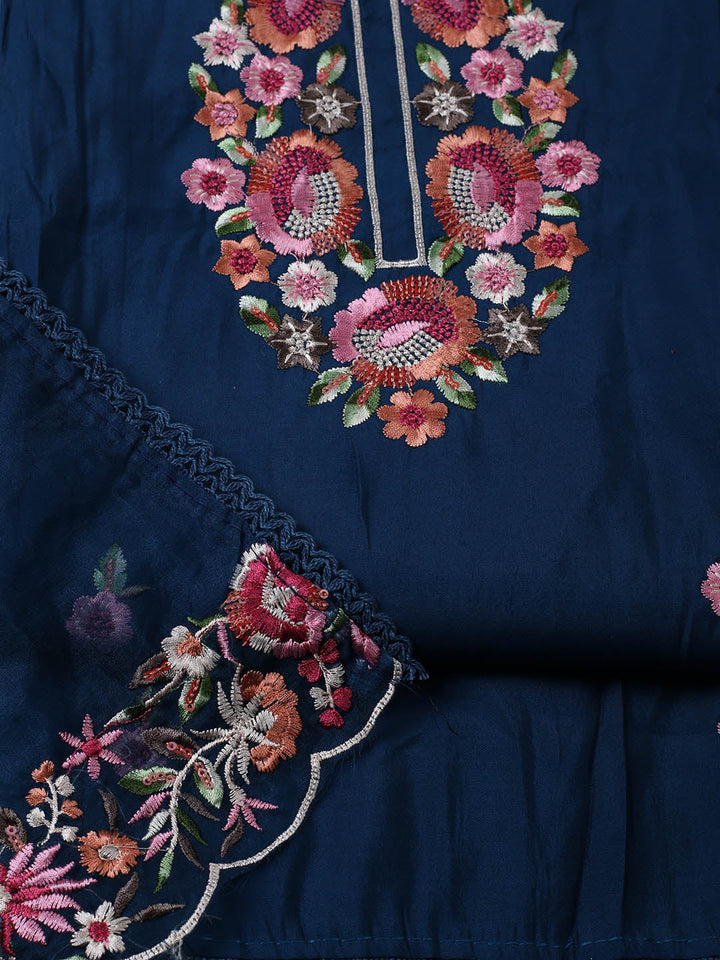Embroidered Chanderi Unstitched Suit With Pant &amp; Dupatta