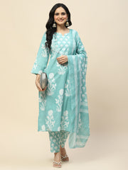 Printed Cotton Kurta With Pants & Dupatta