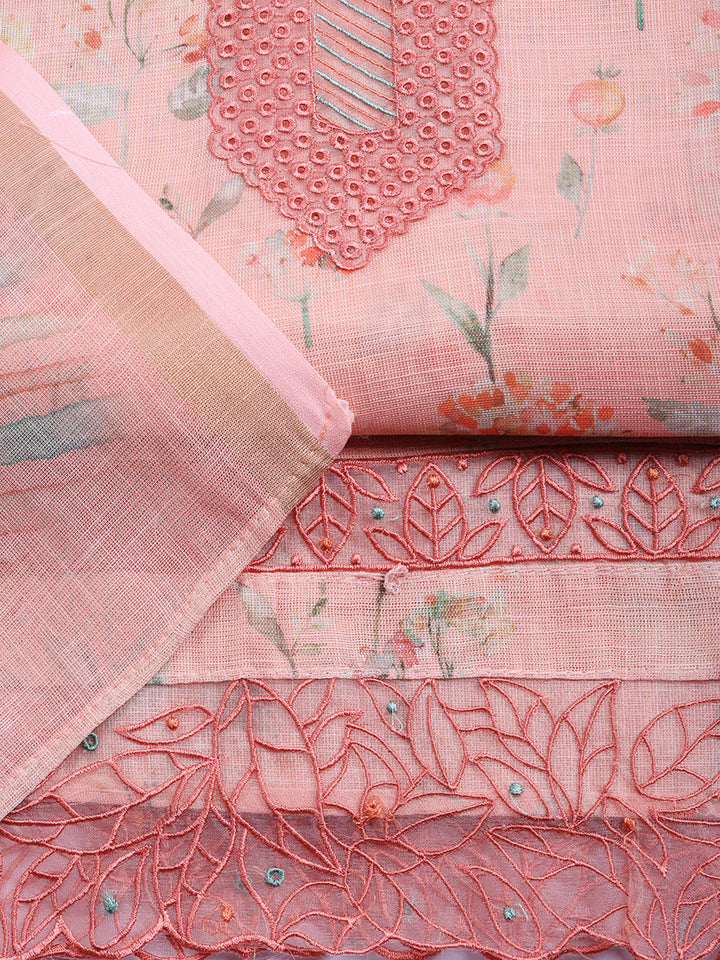 Printed Linen Blend Unstitched Suit With Pant &amp; Dupatta