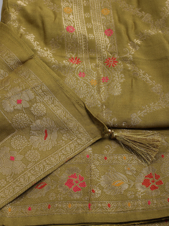 Pashmina Woven Design Unstitched Kurta With Pant &amp; Dupatta