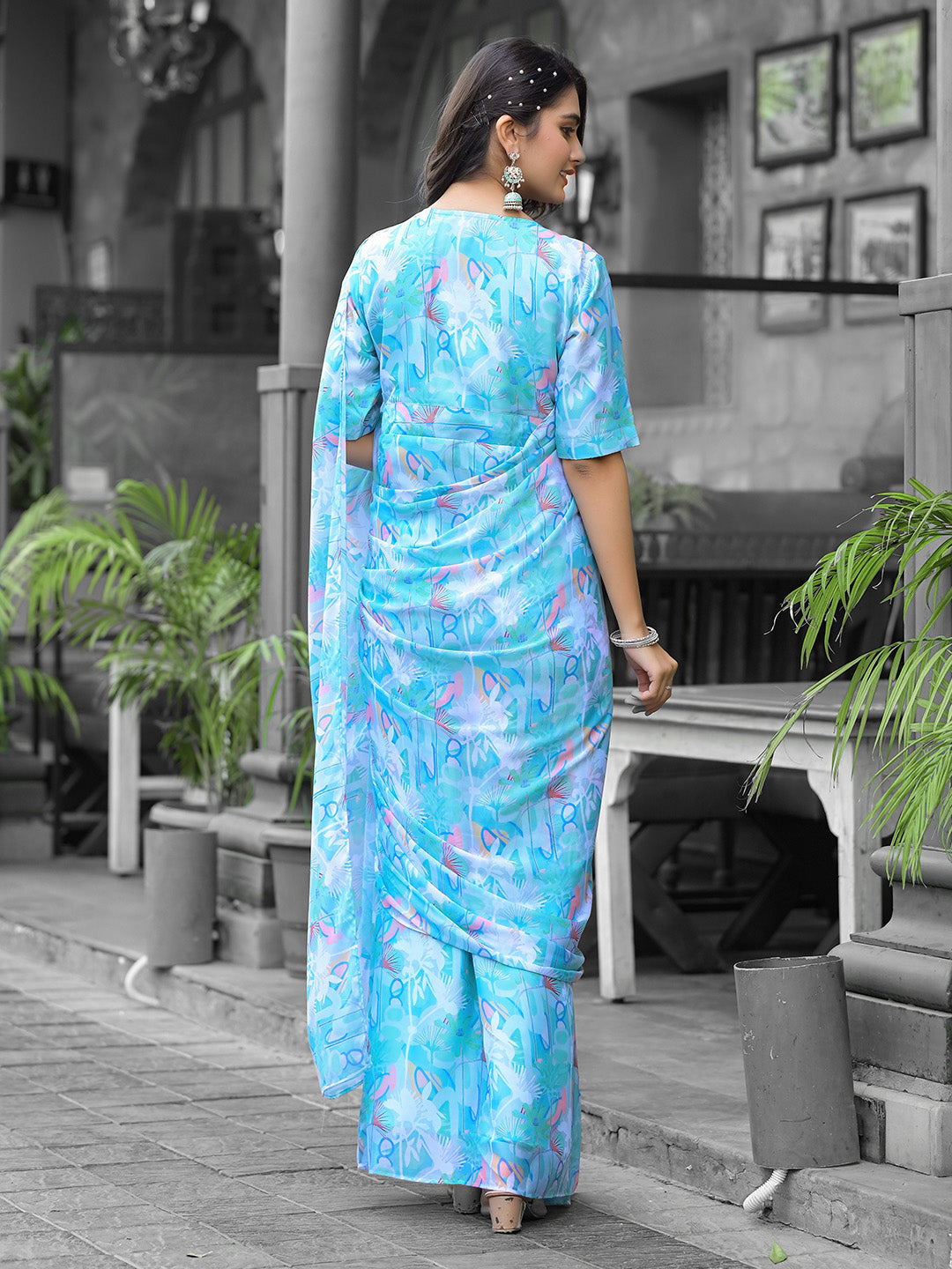 Printed Georgette Readymade Saree With Stitched Blouse