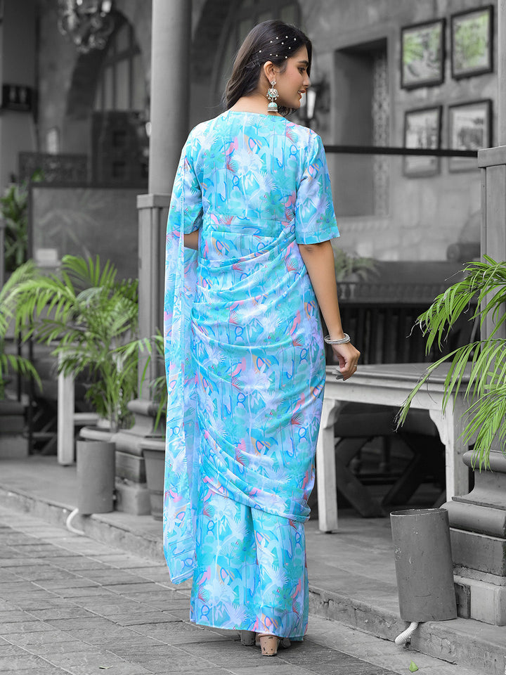 Printed Georgette Readymade Saree With Stitched Blouse